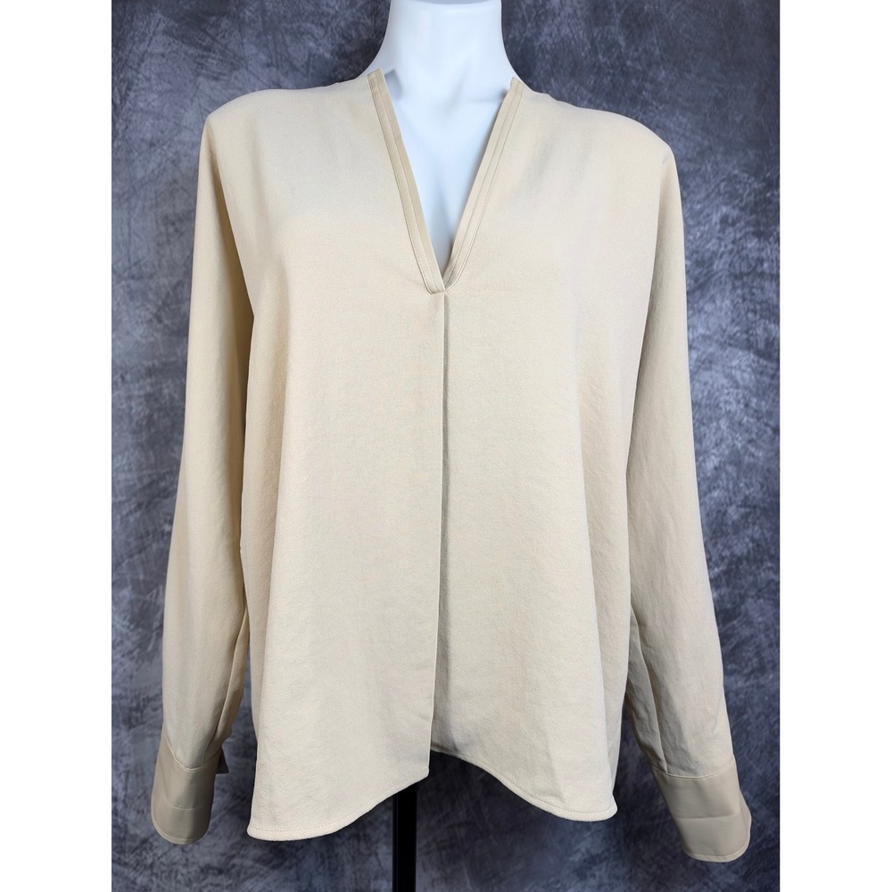 Vince Blouse Womens Large Beige V-Neck Faux Leather Trim Crepe Long Sleeve